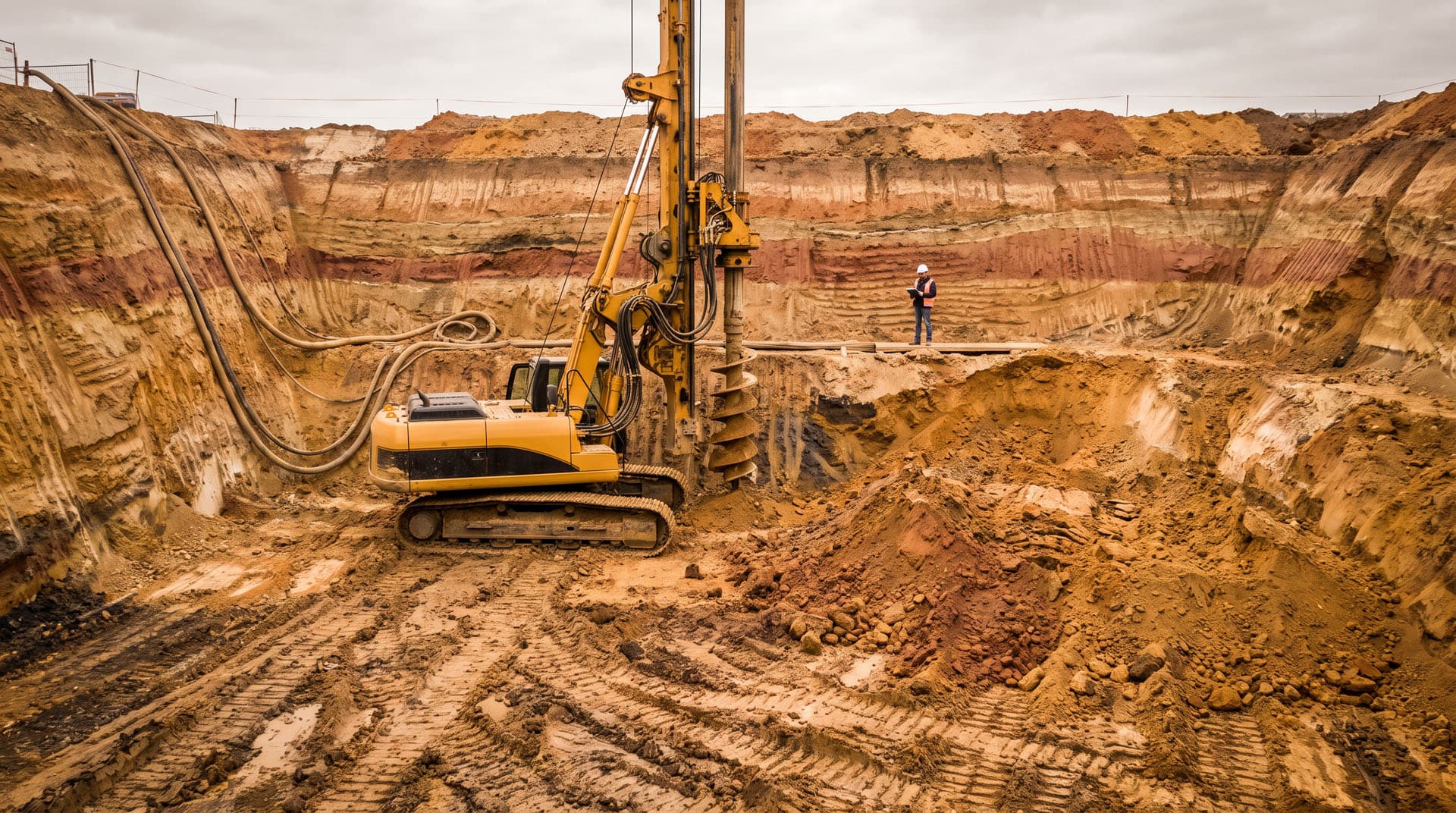 Engineering geologist logging core samples beside a drilling rig