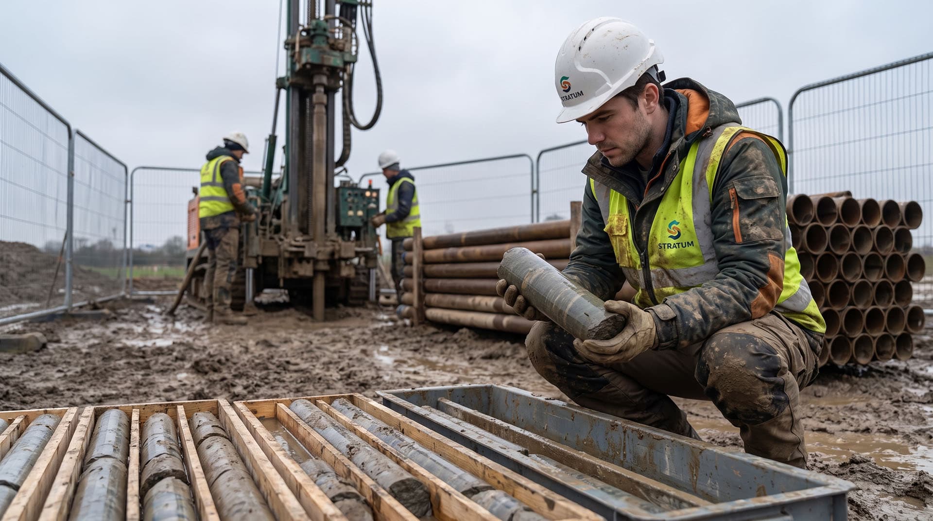 Engineering geologist logging core samples beside a drilling rig