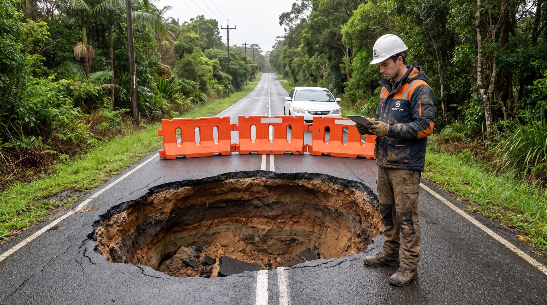 Engineer assessing a sinkhole that has opened in a public road