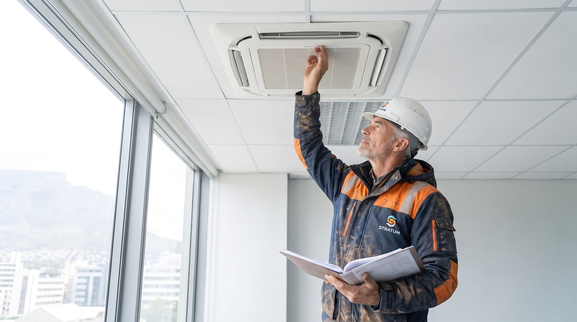 Hygienist inspecting a ceiling ventilation diffuser during a workplace survey