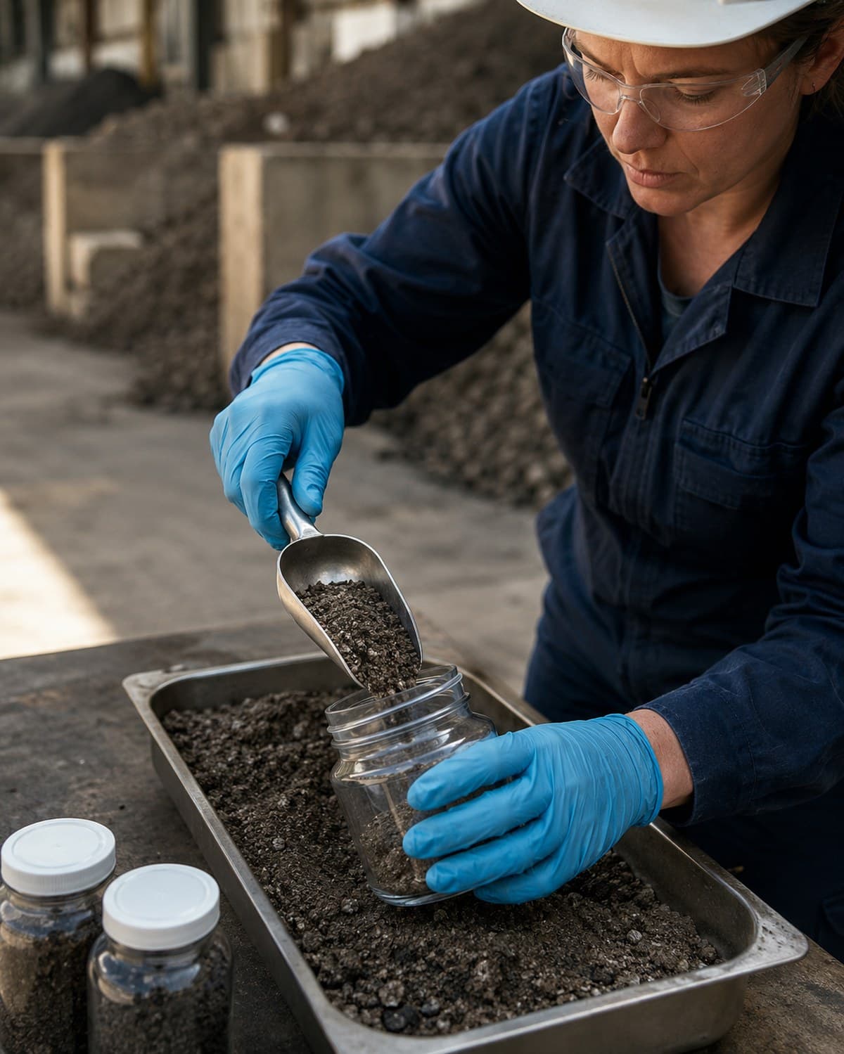 Technician scooping a waste sample into a sealed jar for laboratory classification
